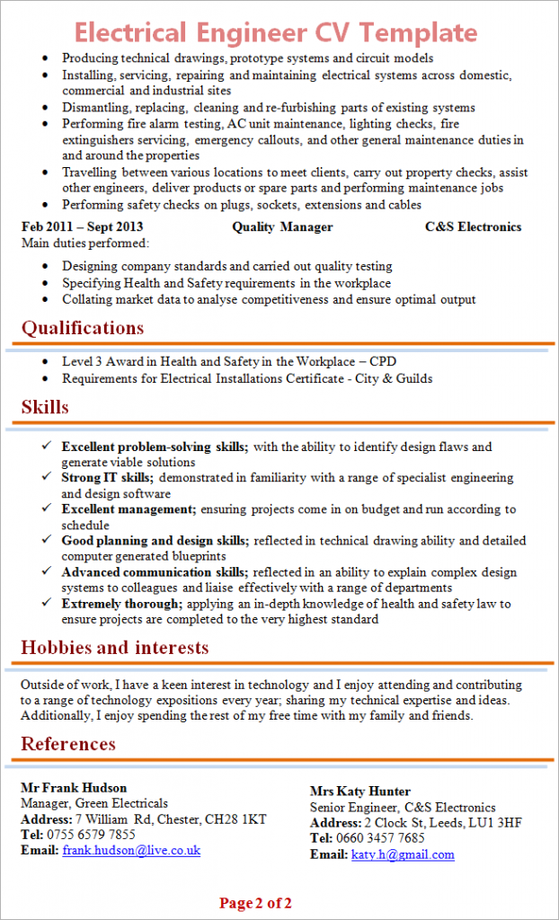 Electrical Engineering Cv Template.pdf ESOL :: English for Speakers of Other Languages: Electrical Engineer CV ...