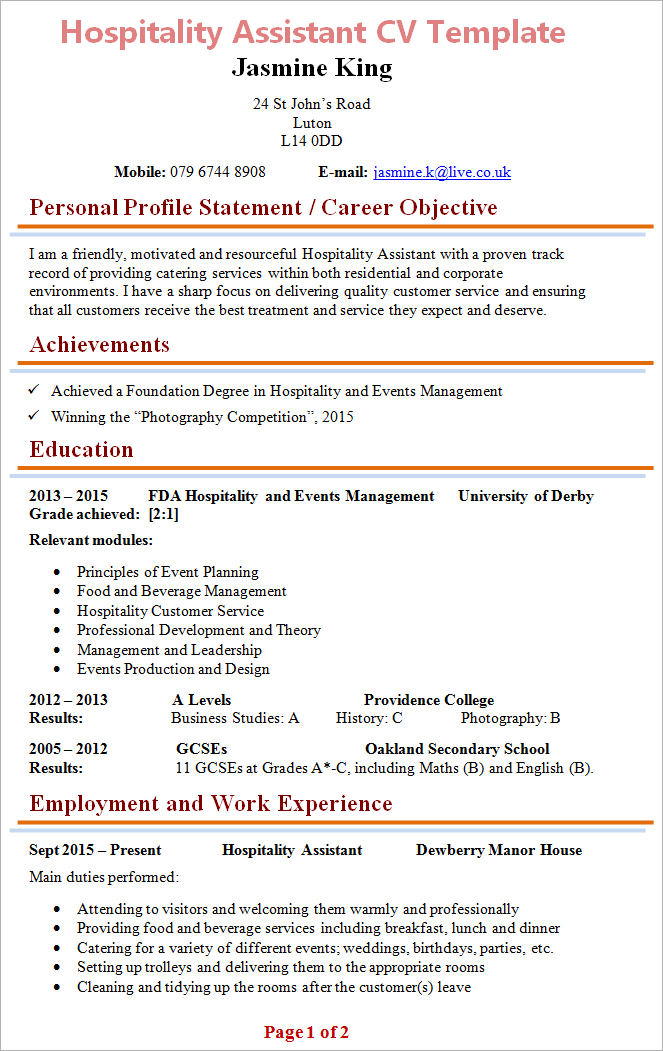 hospitality resume personal statement