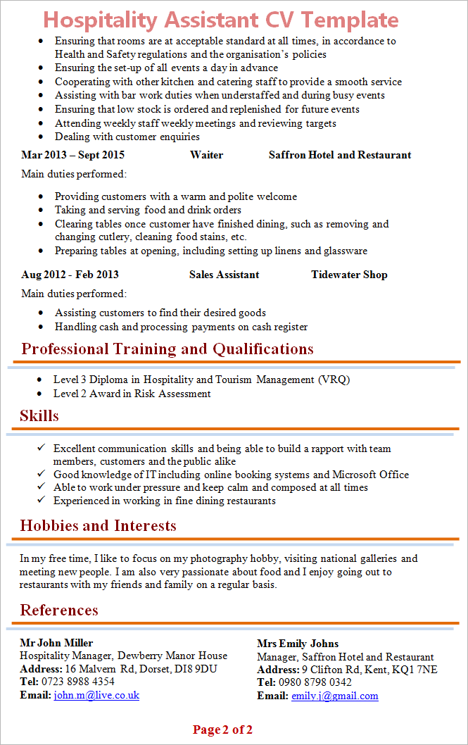 personal statement hospitality cv