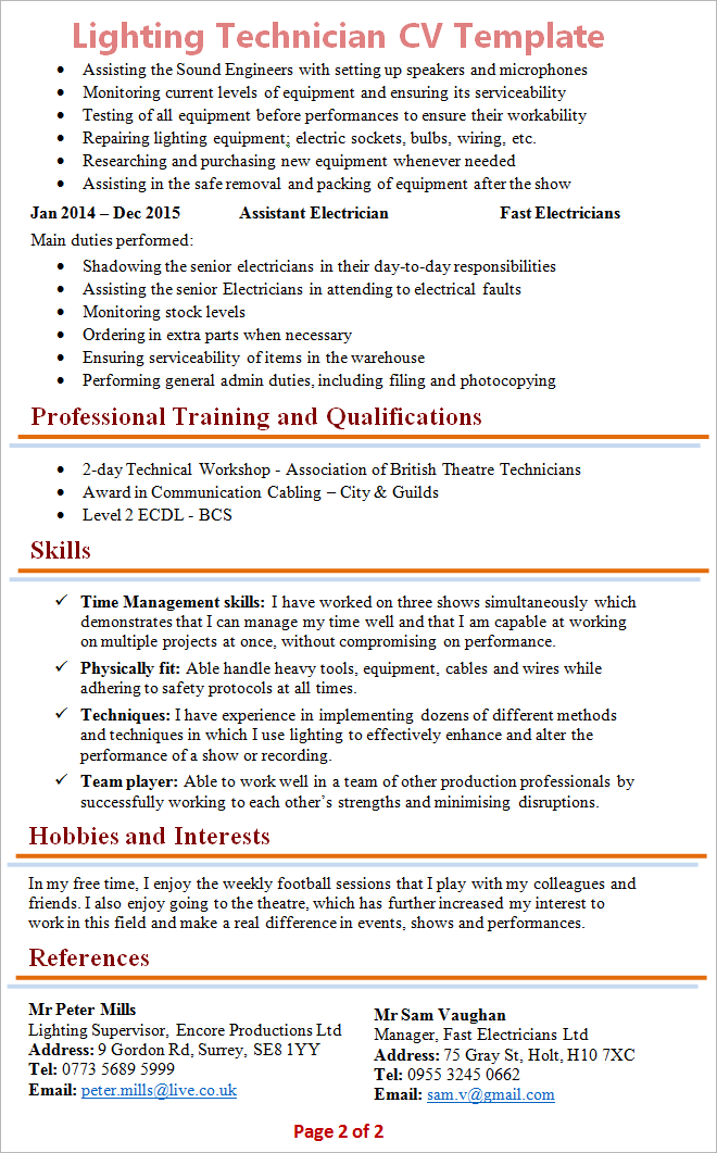 Lighting Technician CV Template 2