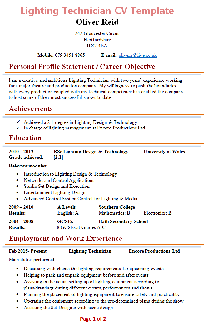 Lighting Technician CV Template