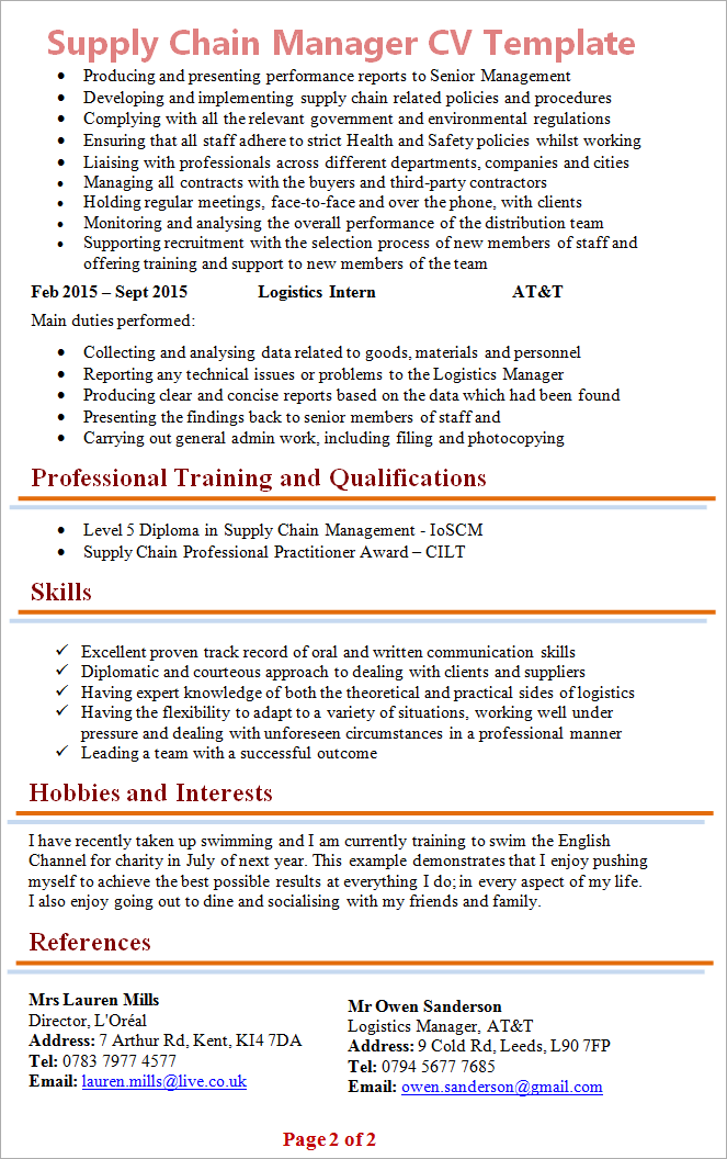  Supply chain manager CV example 2