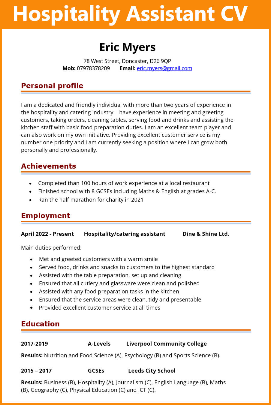 Hospitality assistant CV example 1