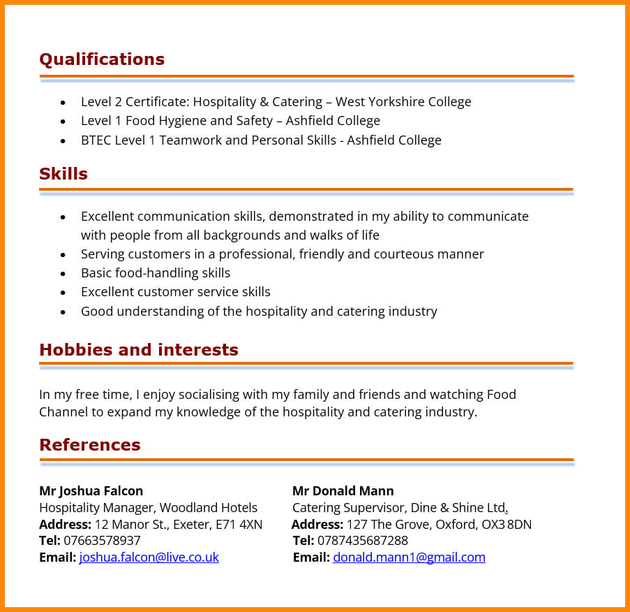 Hospitality assistant CV example 2