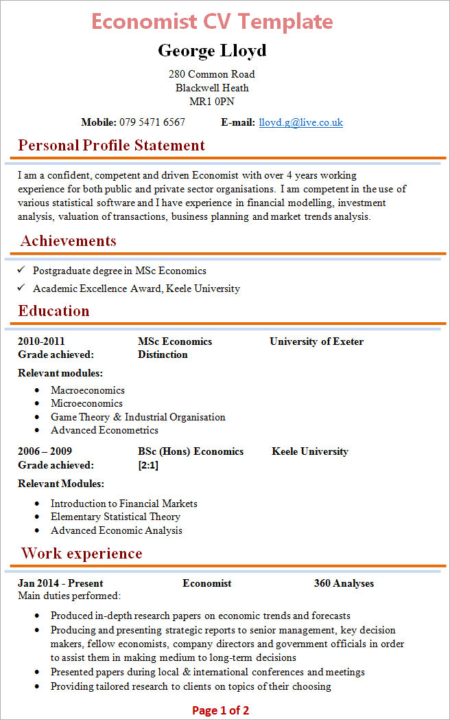 Economist CV template