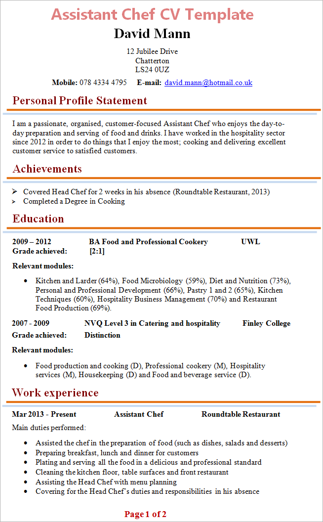 Assistant Chef CV