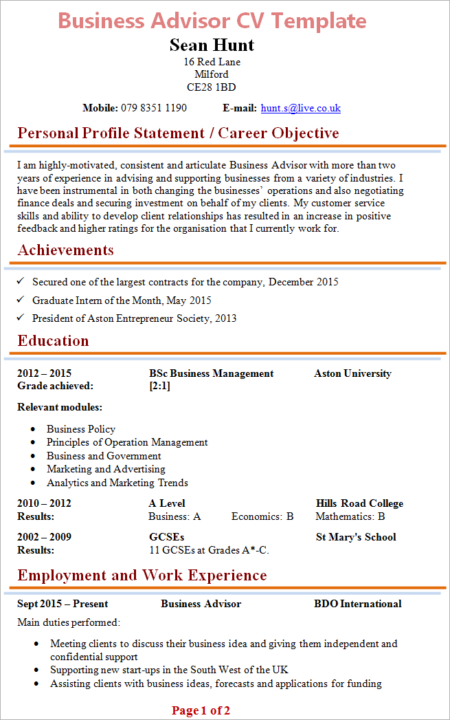 Business advisor CV