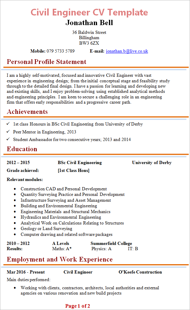 resume template civil engineering