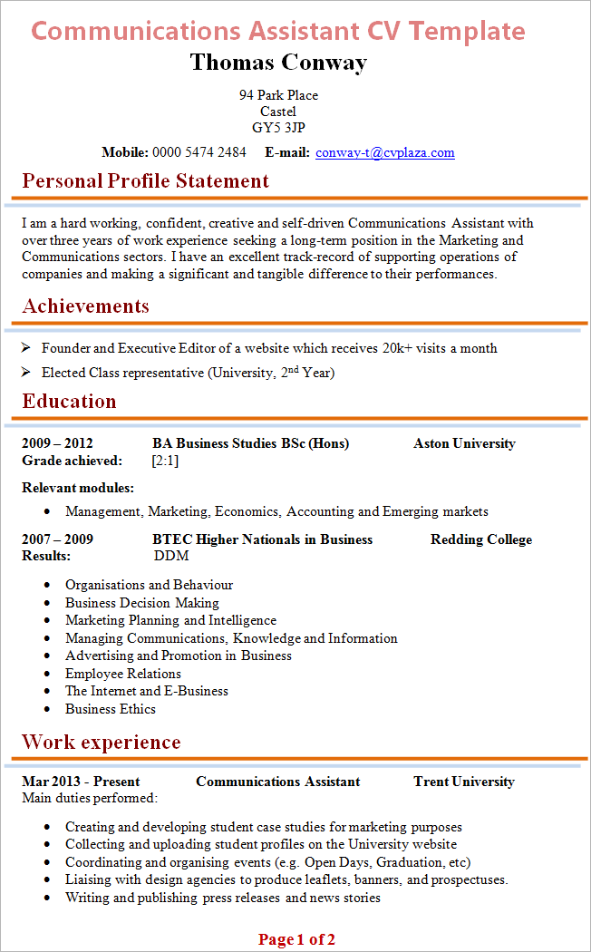 communication assistant job description resume