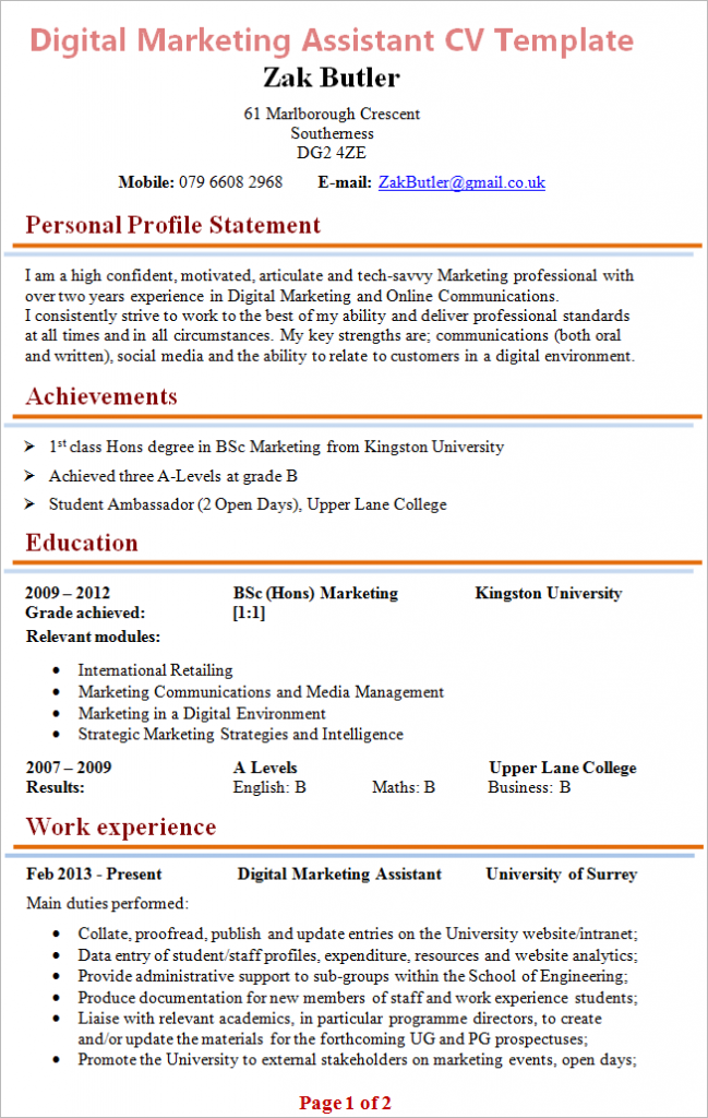 digital marketing personal statement cv
