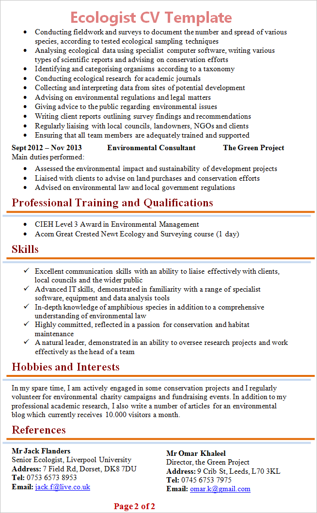 Ecologist CV template 2