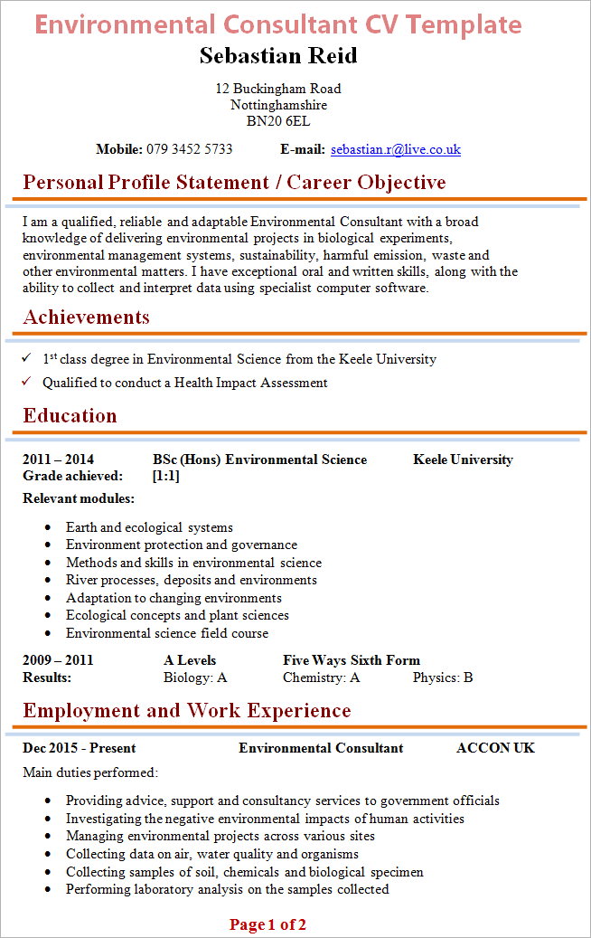 Environmental Consultant CV