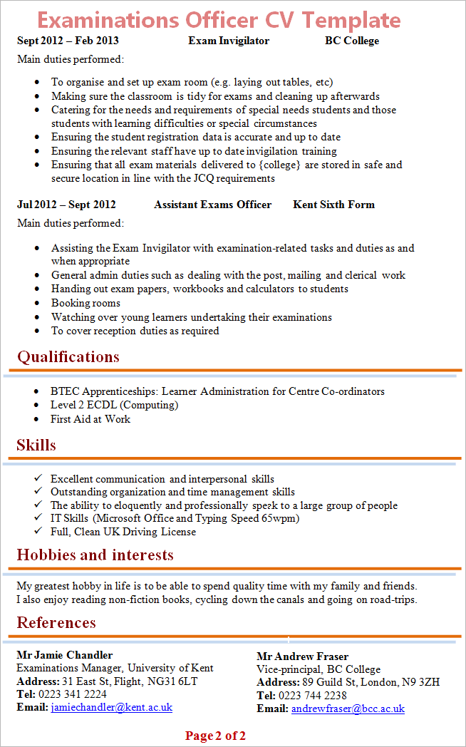 resume format english exam