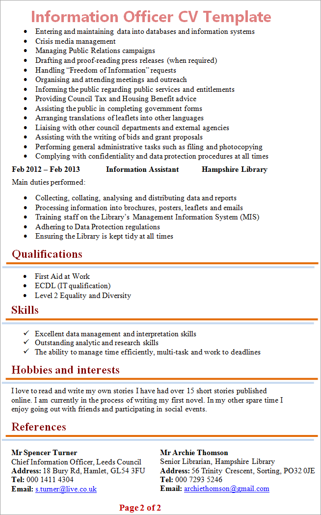 Information officer CV template 2