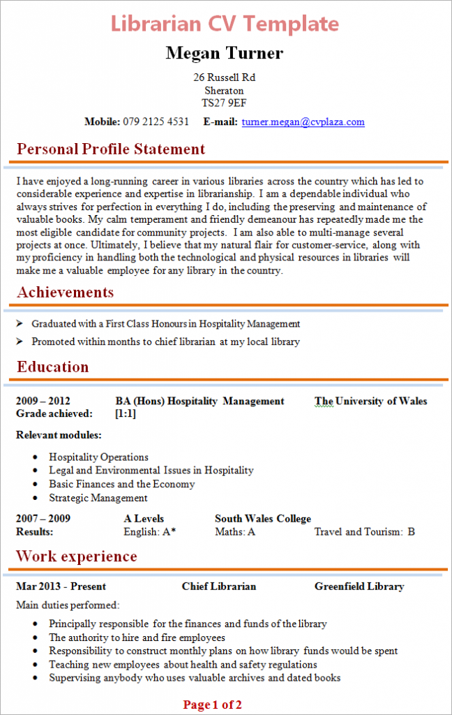 resume format for librarian in india