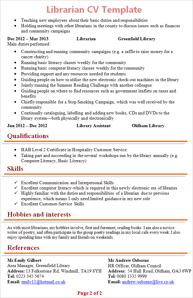 librarian cv template 2