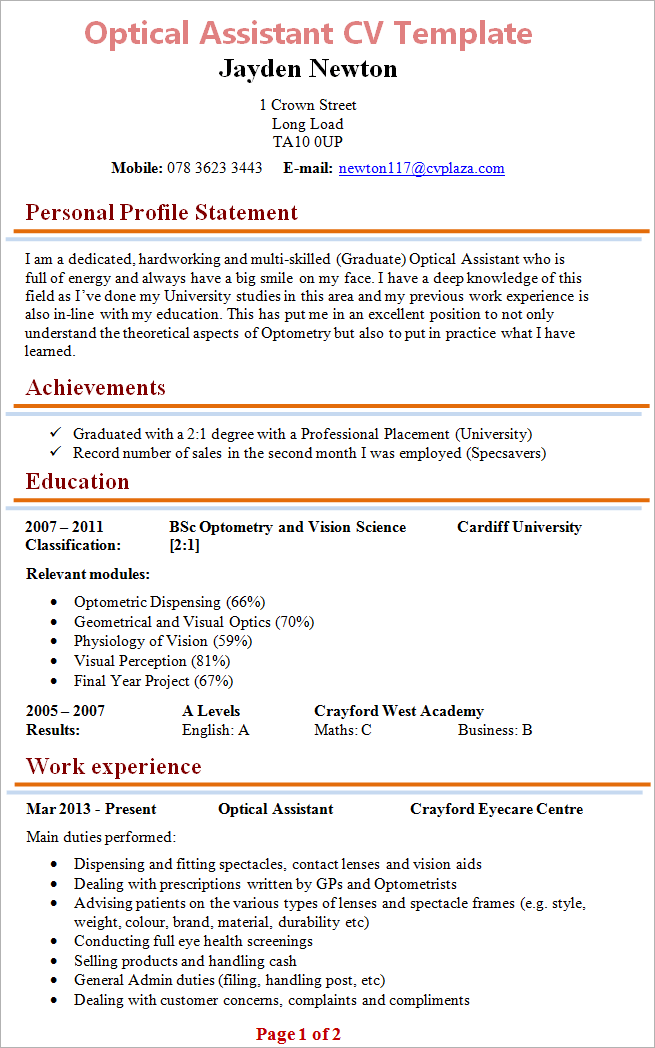 Optical Assistant CV  Example