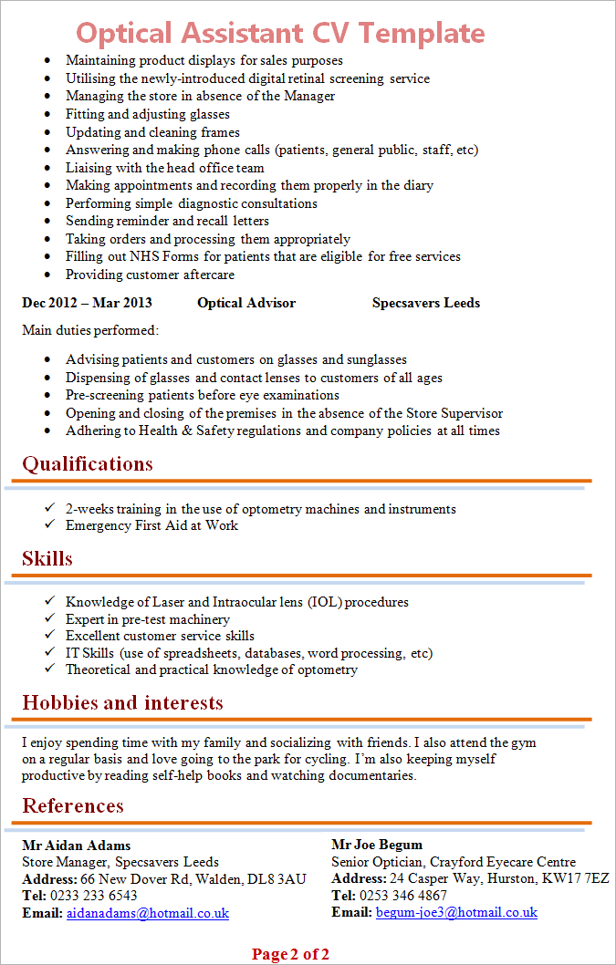 Optical Assistant CV Template 2