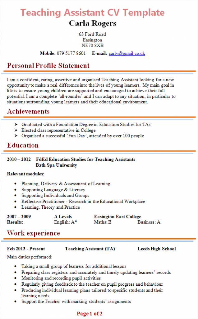 example personal statement teaching