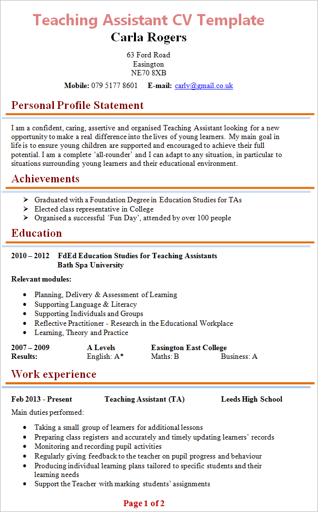 personal statement cv for teaching assistant