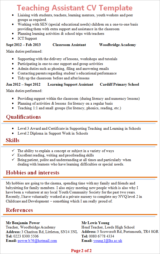 resume for college teaching assistant