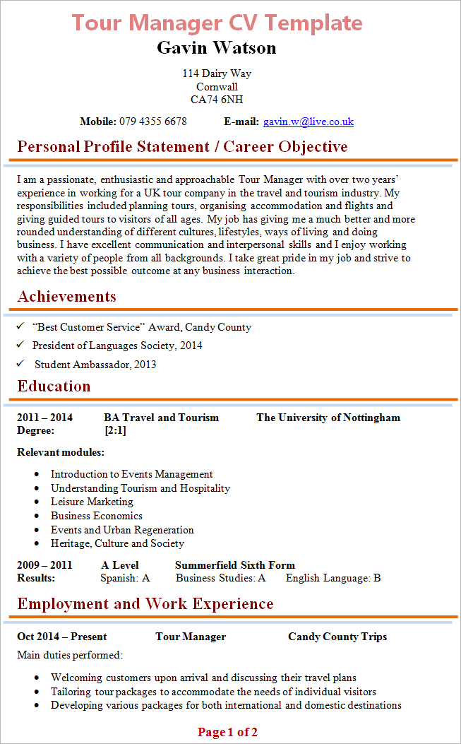 tour leader resume sample