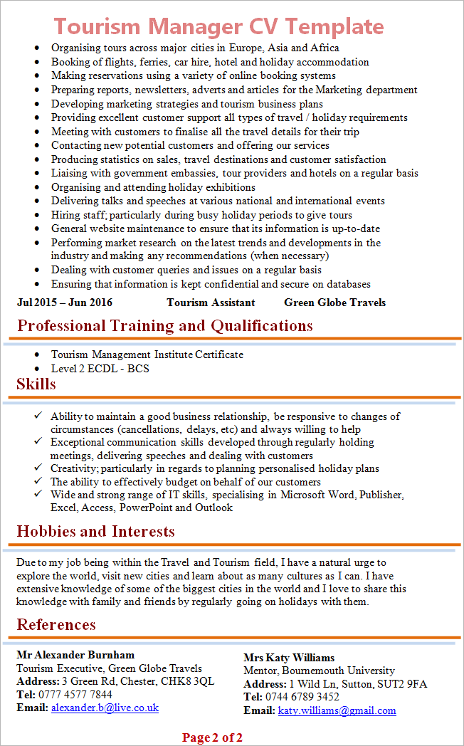 Tourism manager CV 2