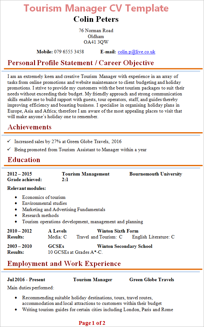 tourism manager cv