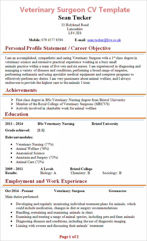 veterinary personal statement cv examples