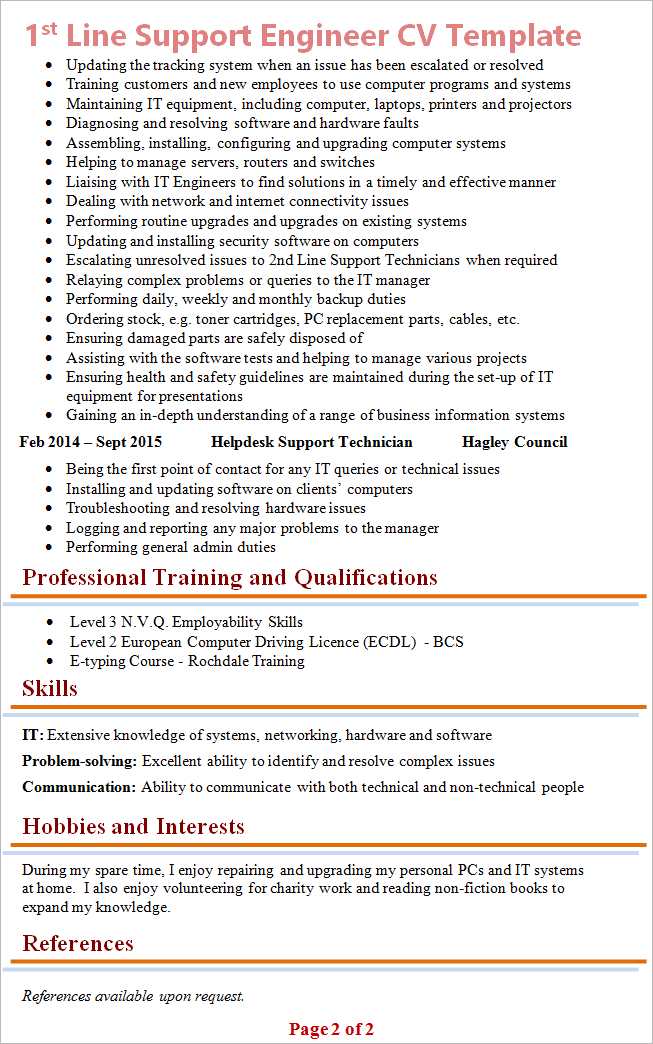 1st line support analyst CV template