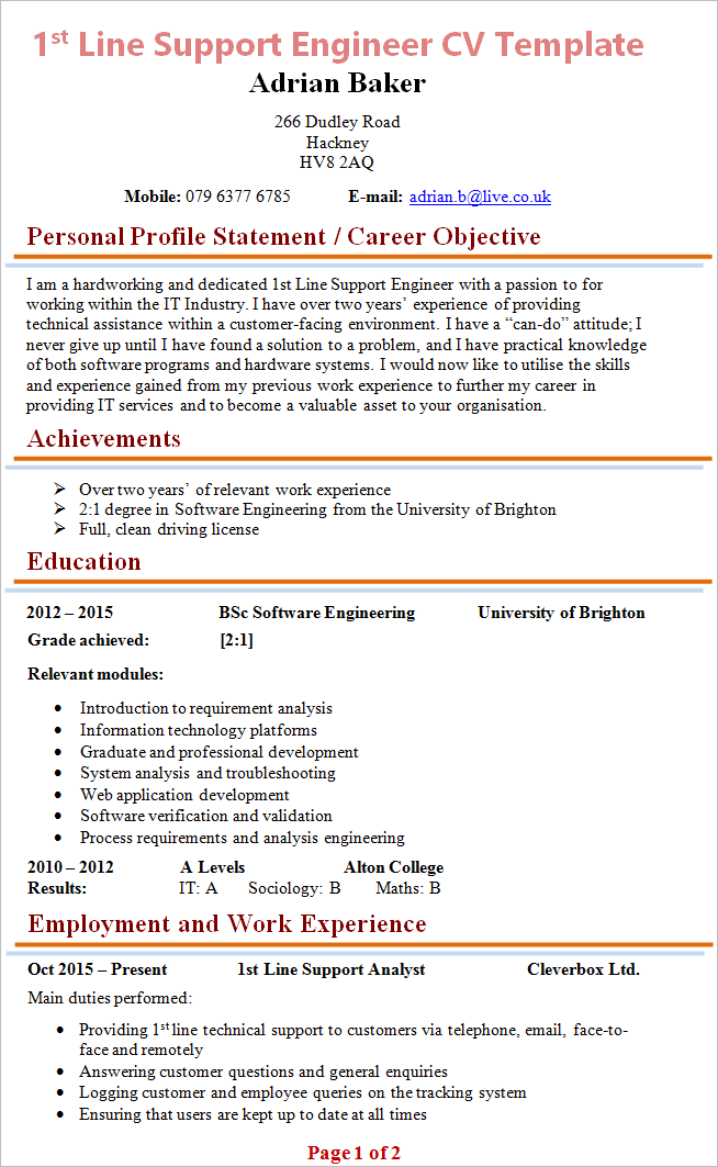 1st line support engineer CV