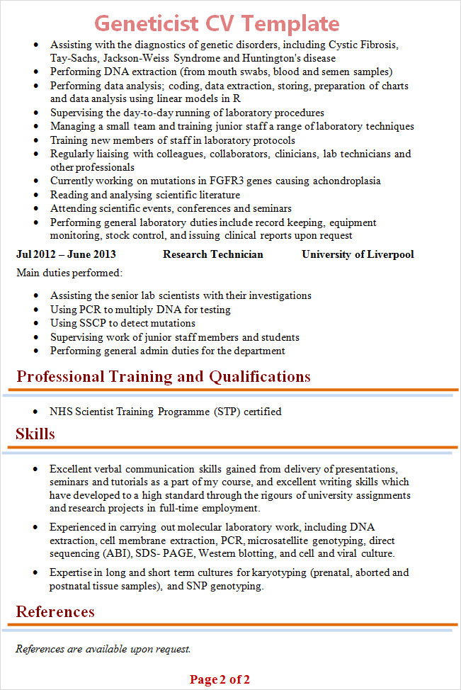 Geneticist CV template 2