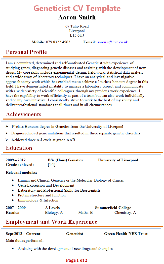 Geneticist CV template