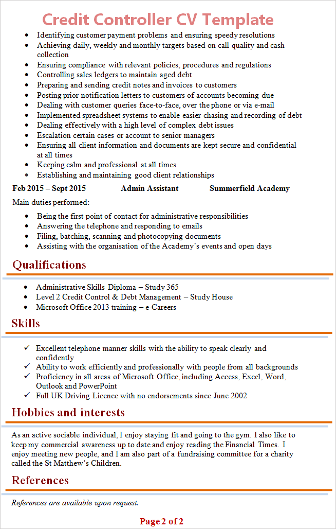 credit controller cv template 2