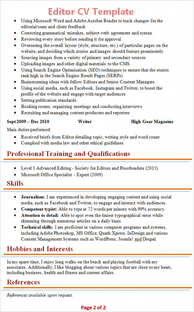 ESOL :: English for Speakers of Other Languages: Editor CV Template ESOL :: English for Speakers of Other Languages: Editor CV Template
