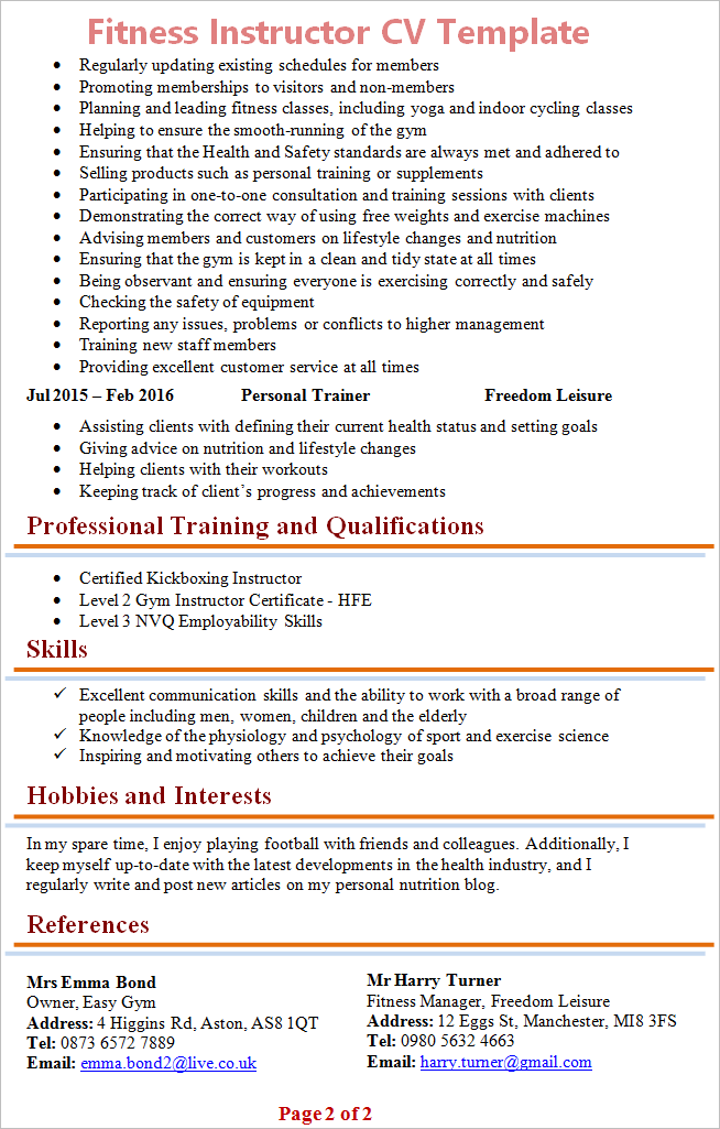 Fitness instructor CV template 2
