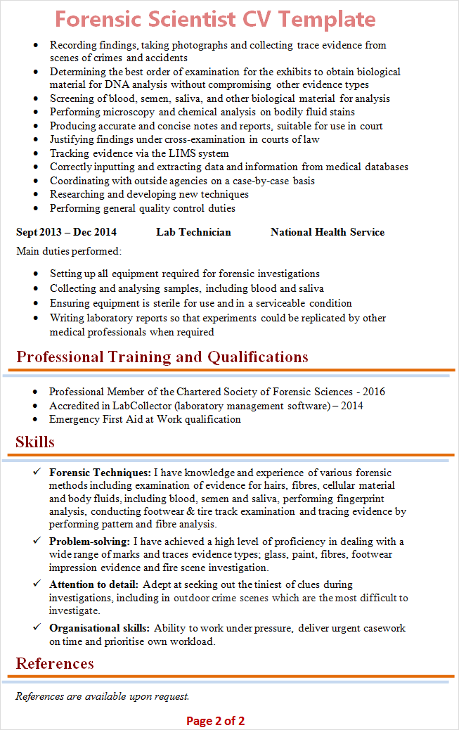 Forensic Scientist CV Template