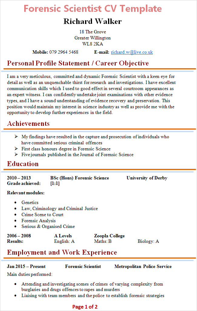 Forensic Scientist Cv Template Tips And Download Cv Plaza