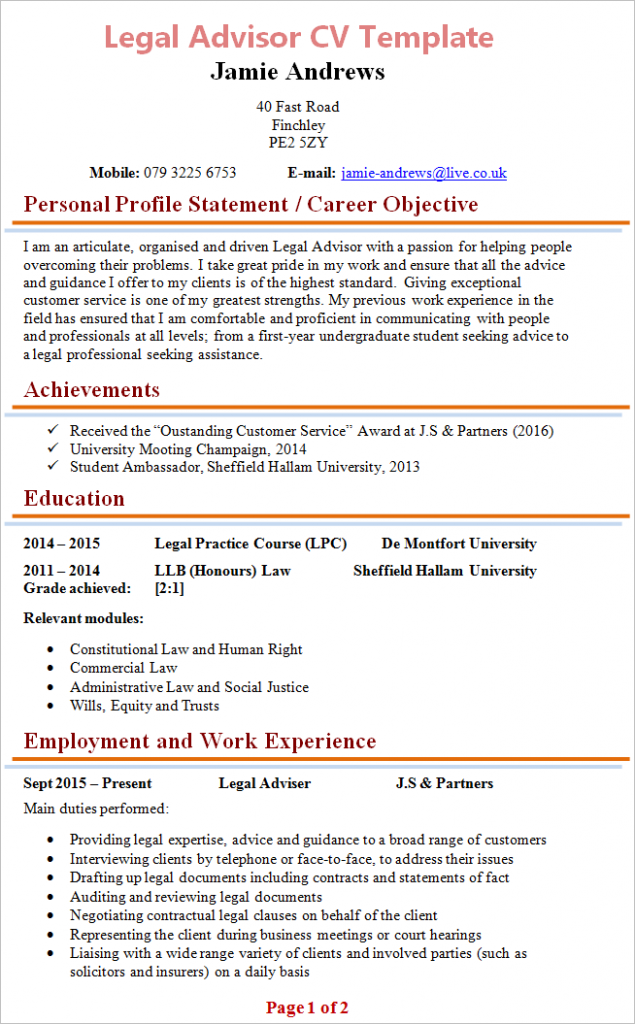 law personal statement for cv