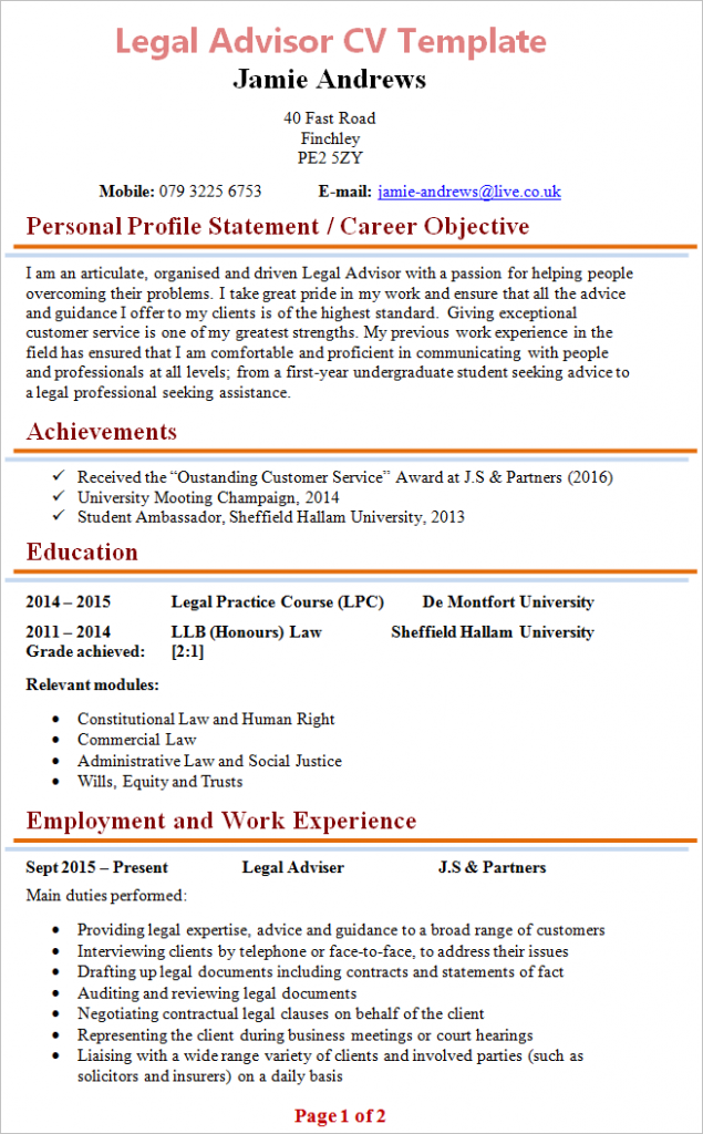 legal personal statement cv