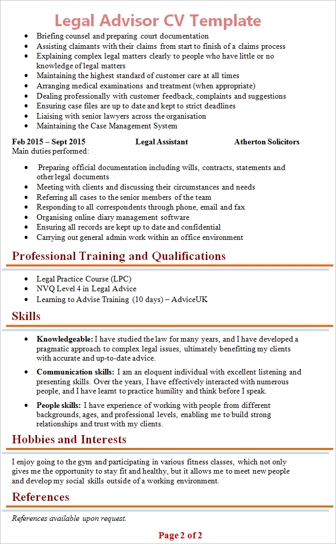 Legal Advisor CV template 2