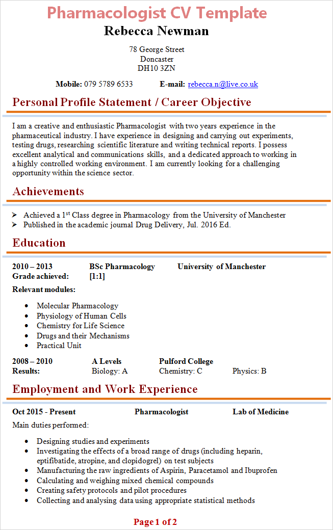 pharmacologist-cv-template