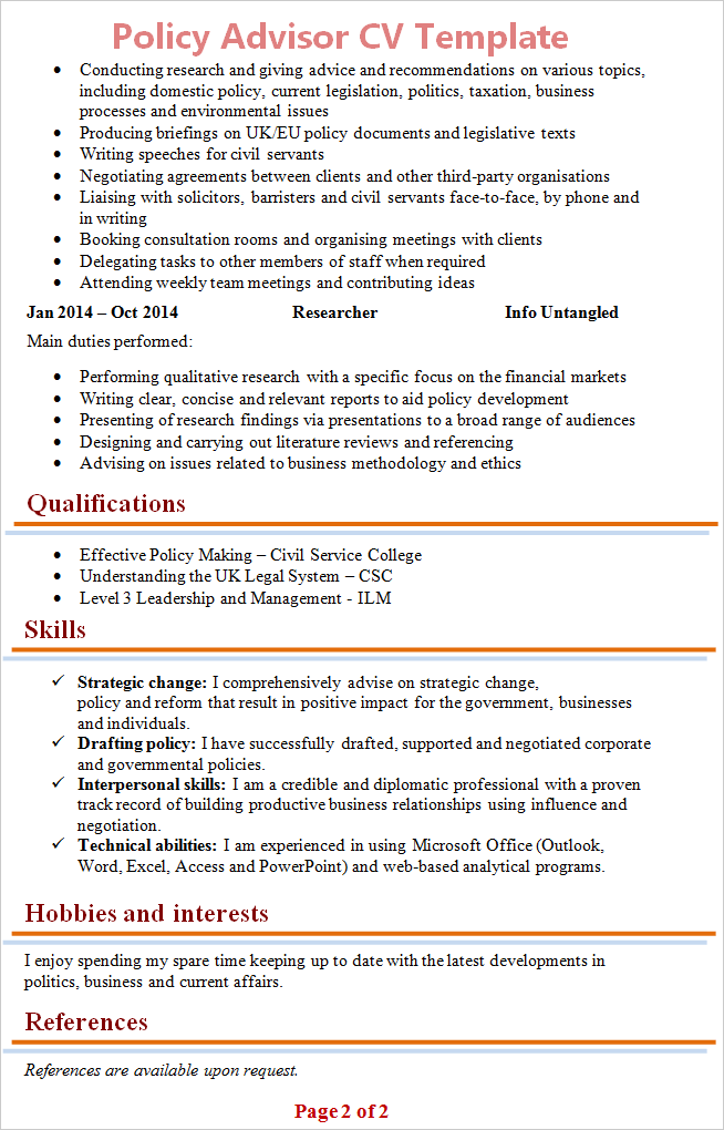 Policy Advisor CV Template 2