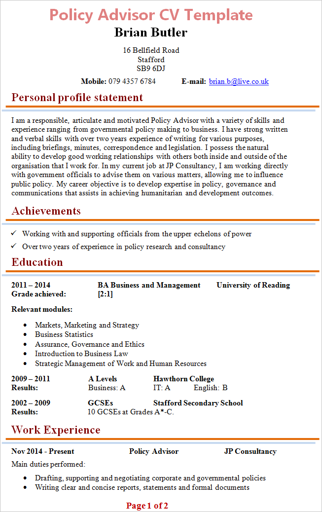 Policy Advisor CV