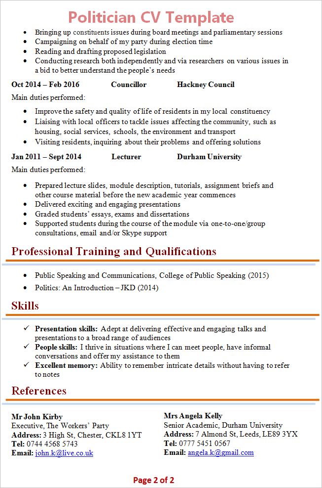 Politician CV template 2