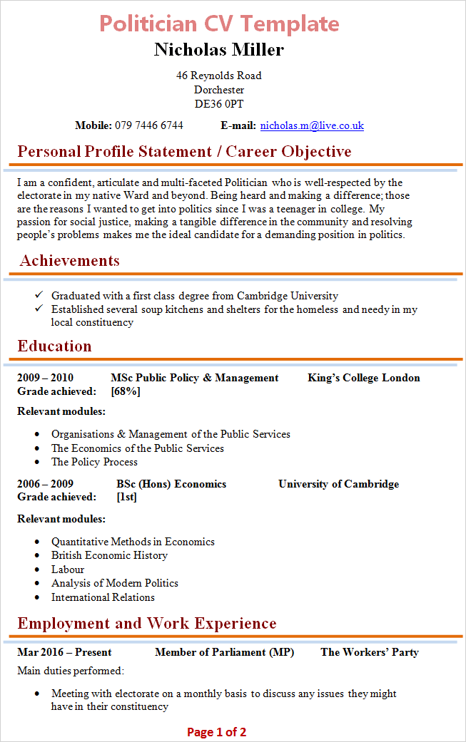 Politician CV template