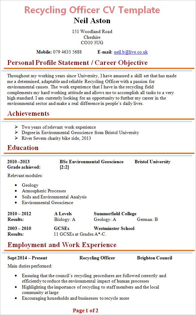 Recycling officer CV