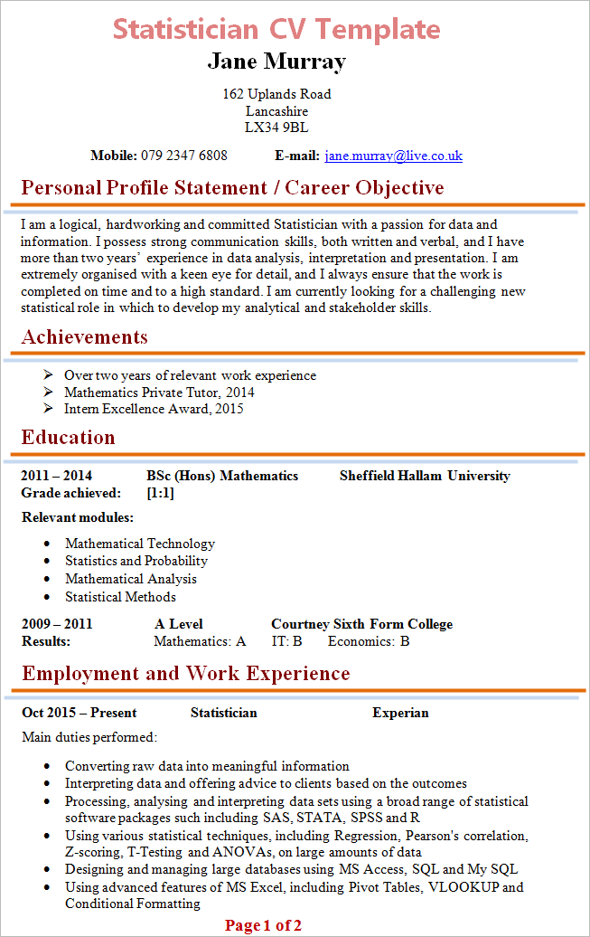 Statistician CV