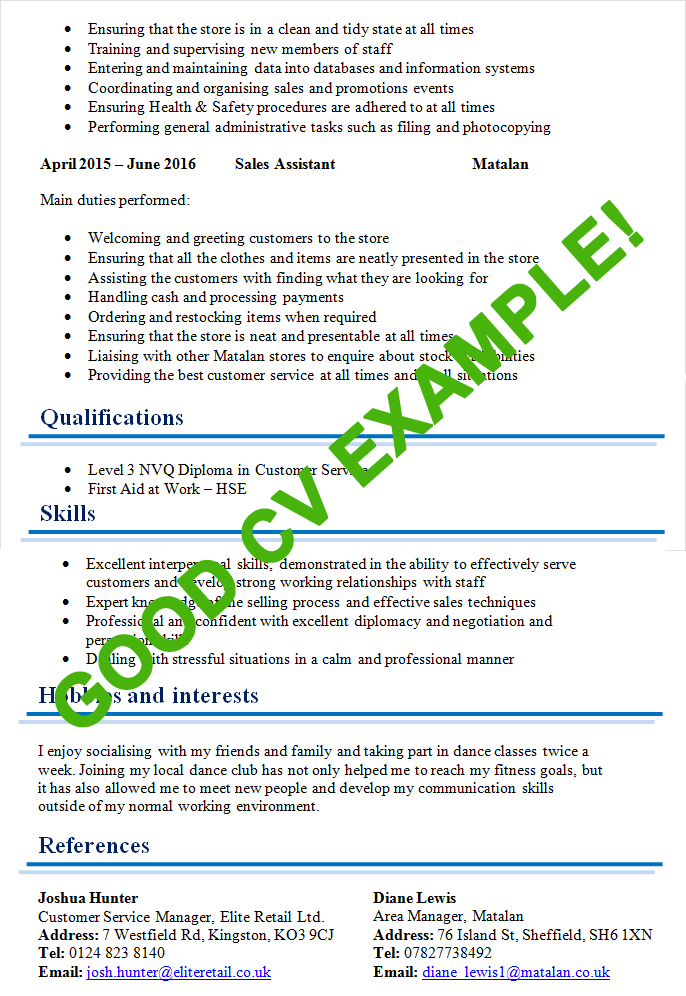 CV Personal Profile examples