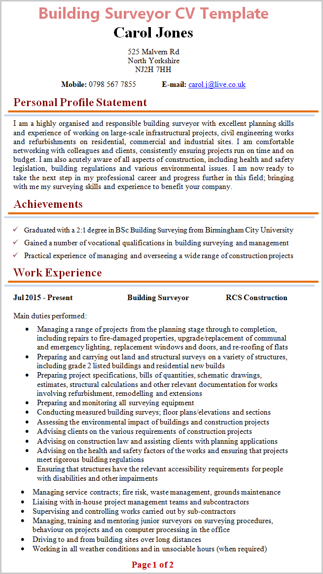 example personal statement for building surveying